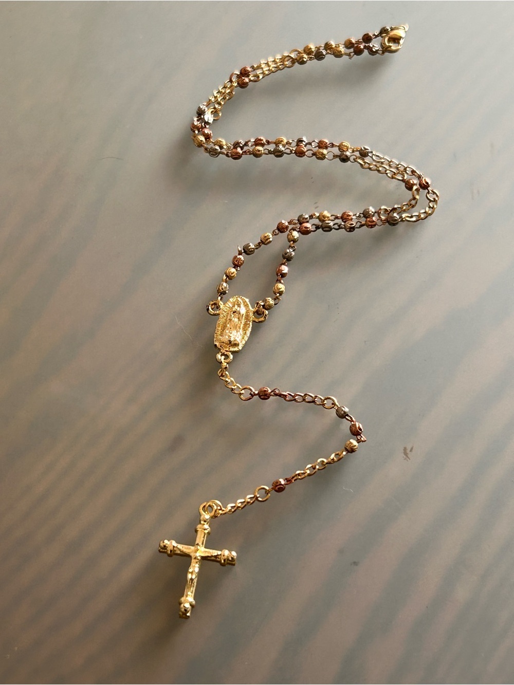 Gold Rosary Necklace with Brown Beads